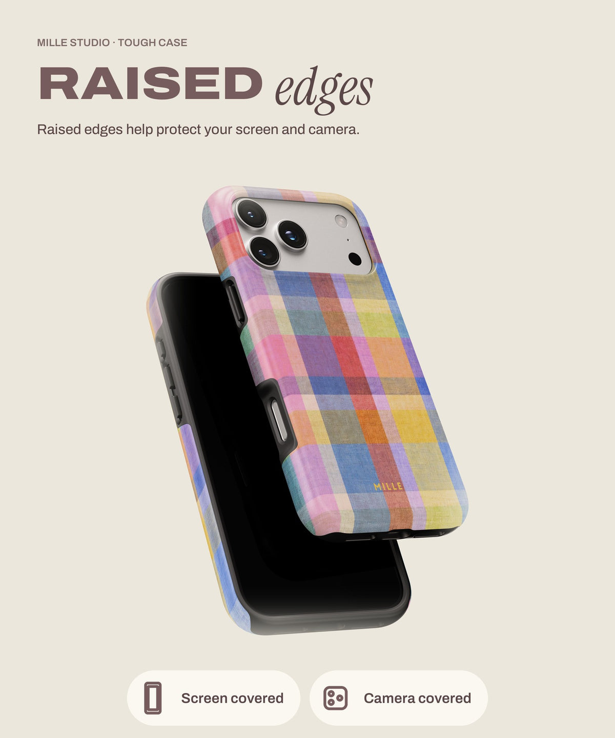 90 tough iPhone case, raised edges for screen and camera