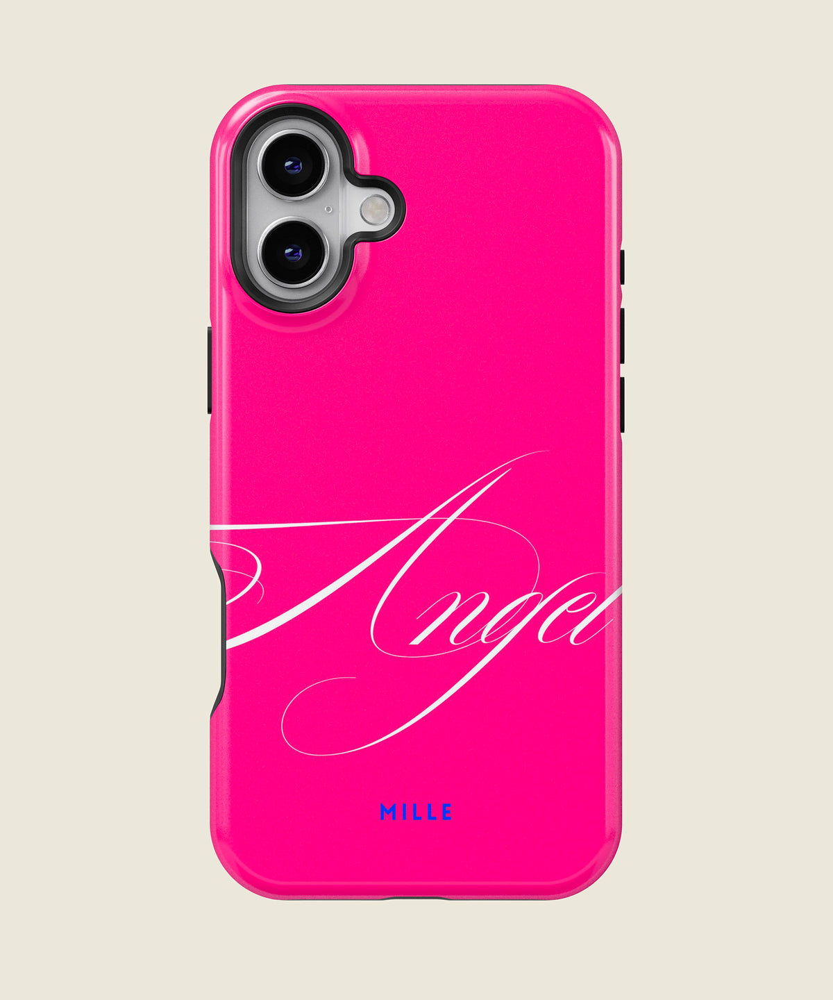 hot pink Angel script iPhone case, iPhone 16 Plus