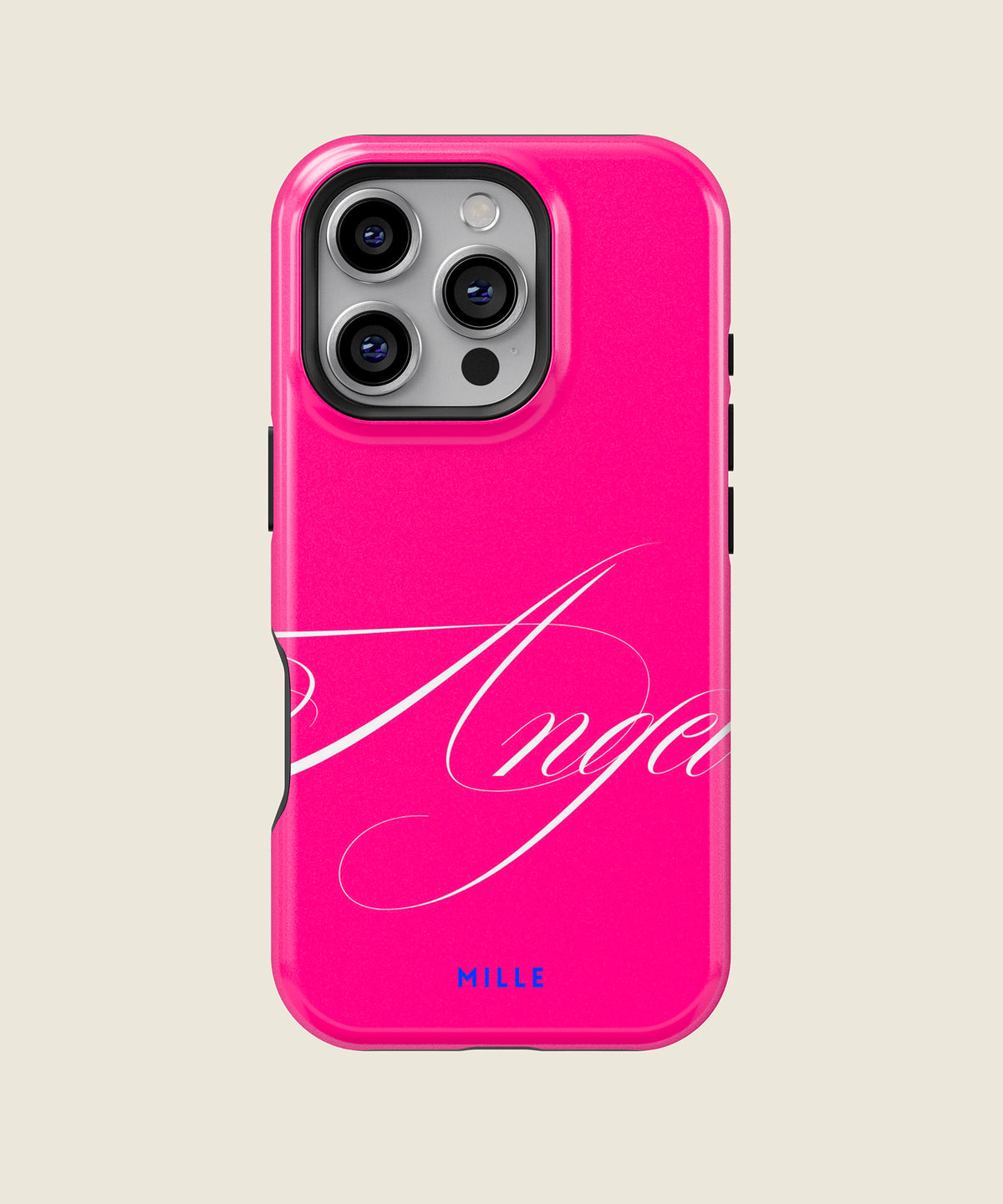 hot pink Angel script iPhone case, iPhone 16 Pro