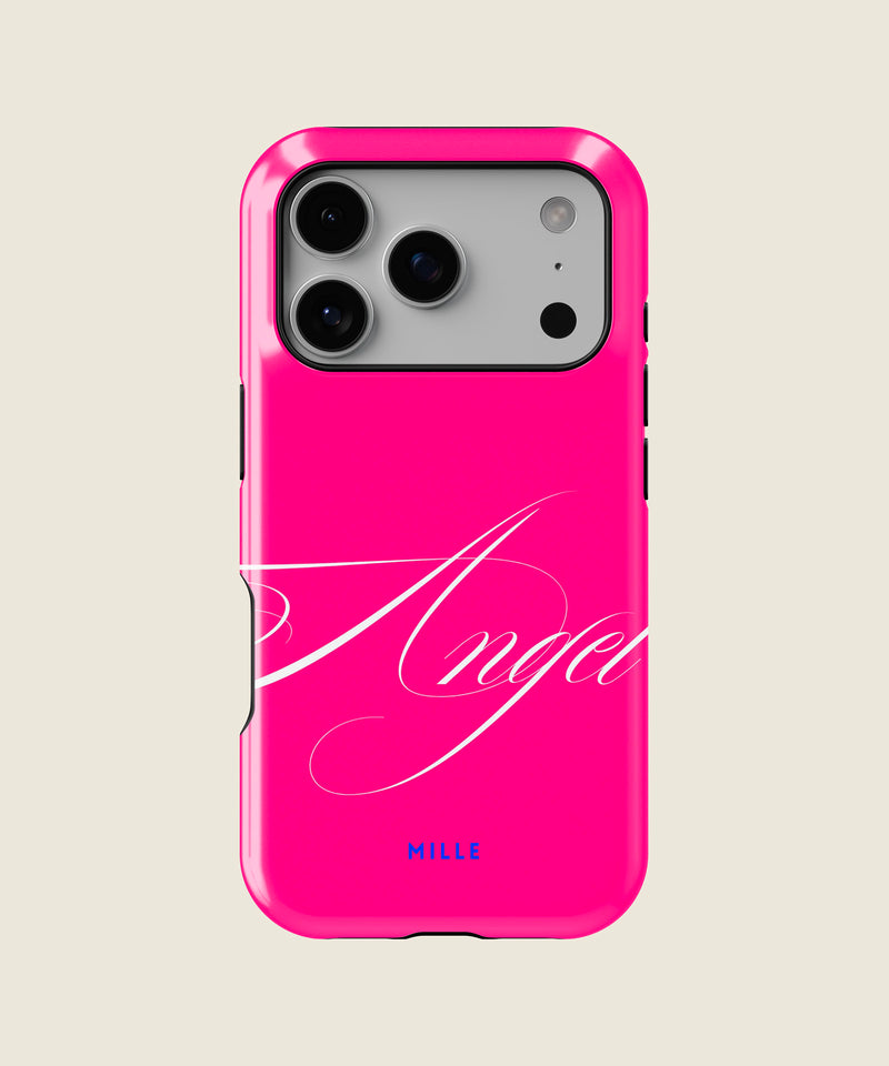 hot pink Angel script iPhone case, iPhone 17 Pro
