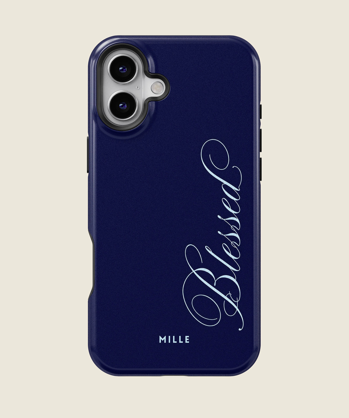 navy blue Blessed script iPhone case, iPhone 16 Plus