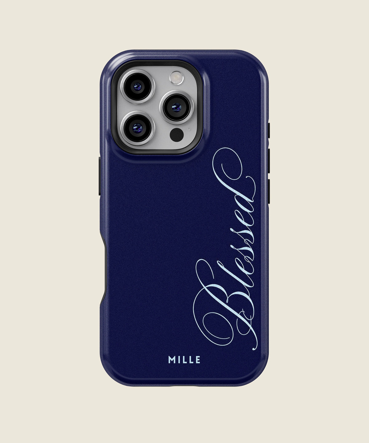 navy blue Blessed script iPhone case, iPhone 16 Pro