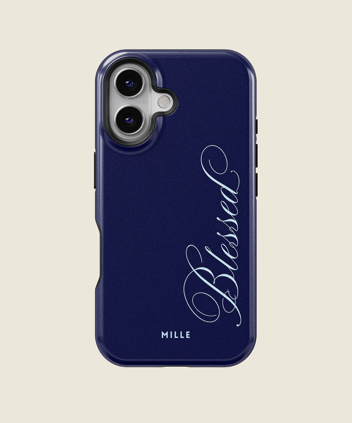 navy blue Blessed script iPhone case, iPhone 16