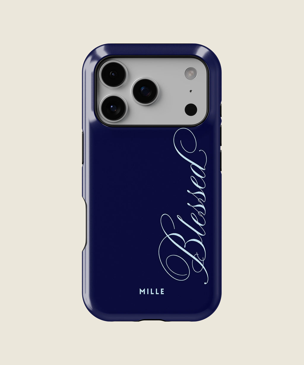 navy blue Blessed script iPhone case, iPhone 17 Pro