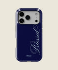 navy blue Blessed script iPhone case, iPhone 17 Pro