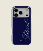navy blue Blessed script iPhone case, iPhone 17 Pro