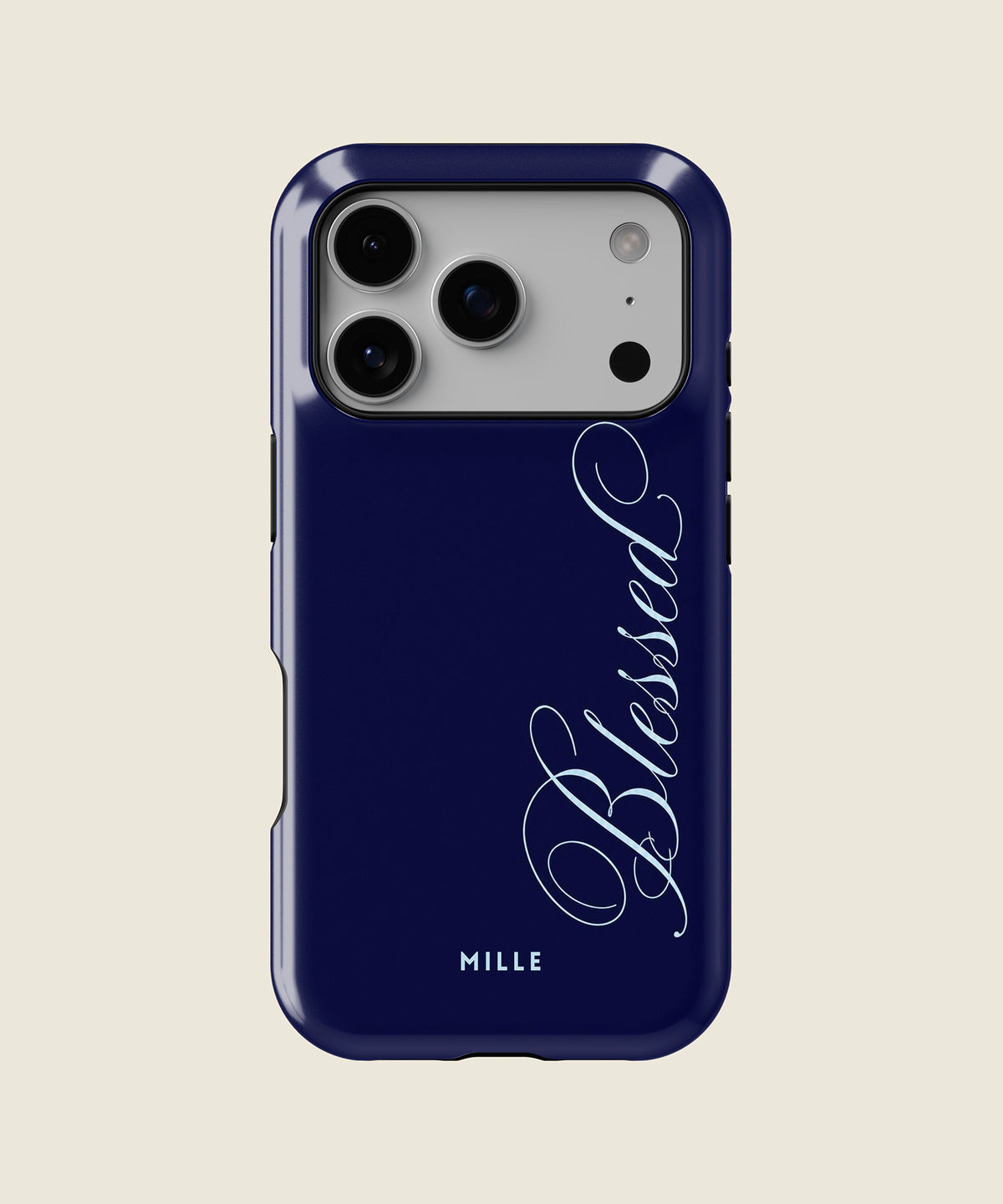 navy blue Blessed script iPhone case, iPhone 17 Pro