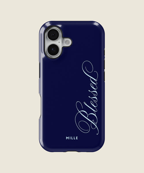 navy blue Blessed script iPhone case, iPhone 17