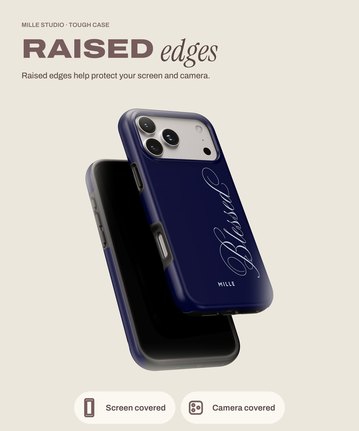 Blessed tough iPhone case, raised edges for screen and camera