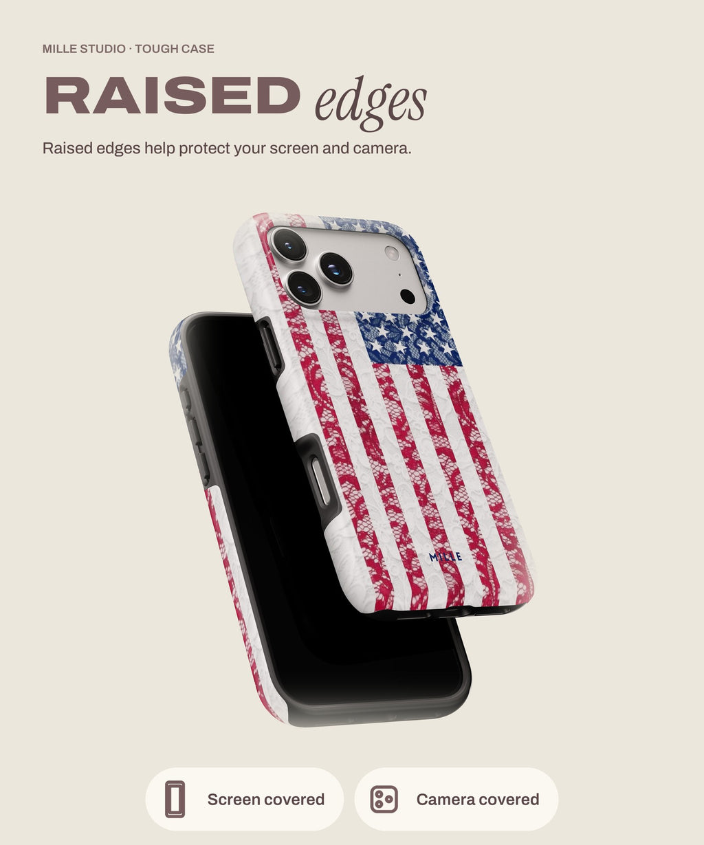 Dentelle USA tough iPhone case, raised edges for screen and camera
