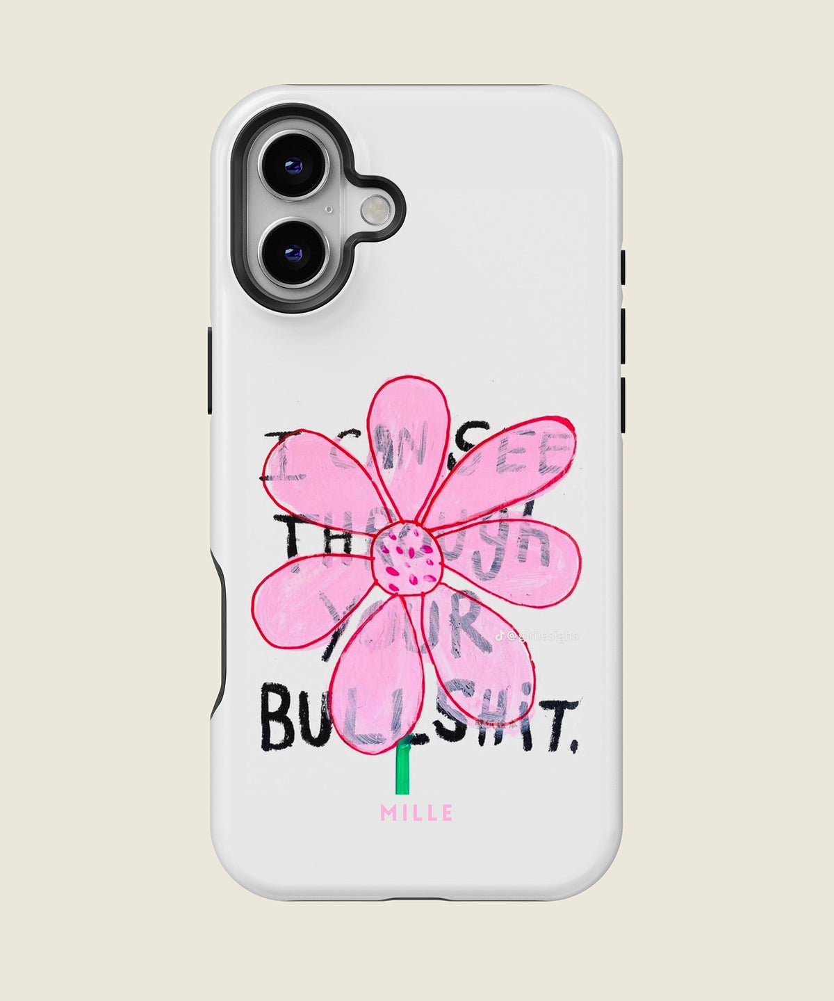 white pink doodle flower iPhone case, iPhone 16 Plus