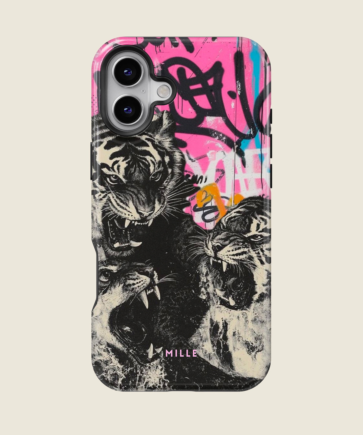 black and white tiger collage iPhone case, iPhone 16 Plus