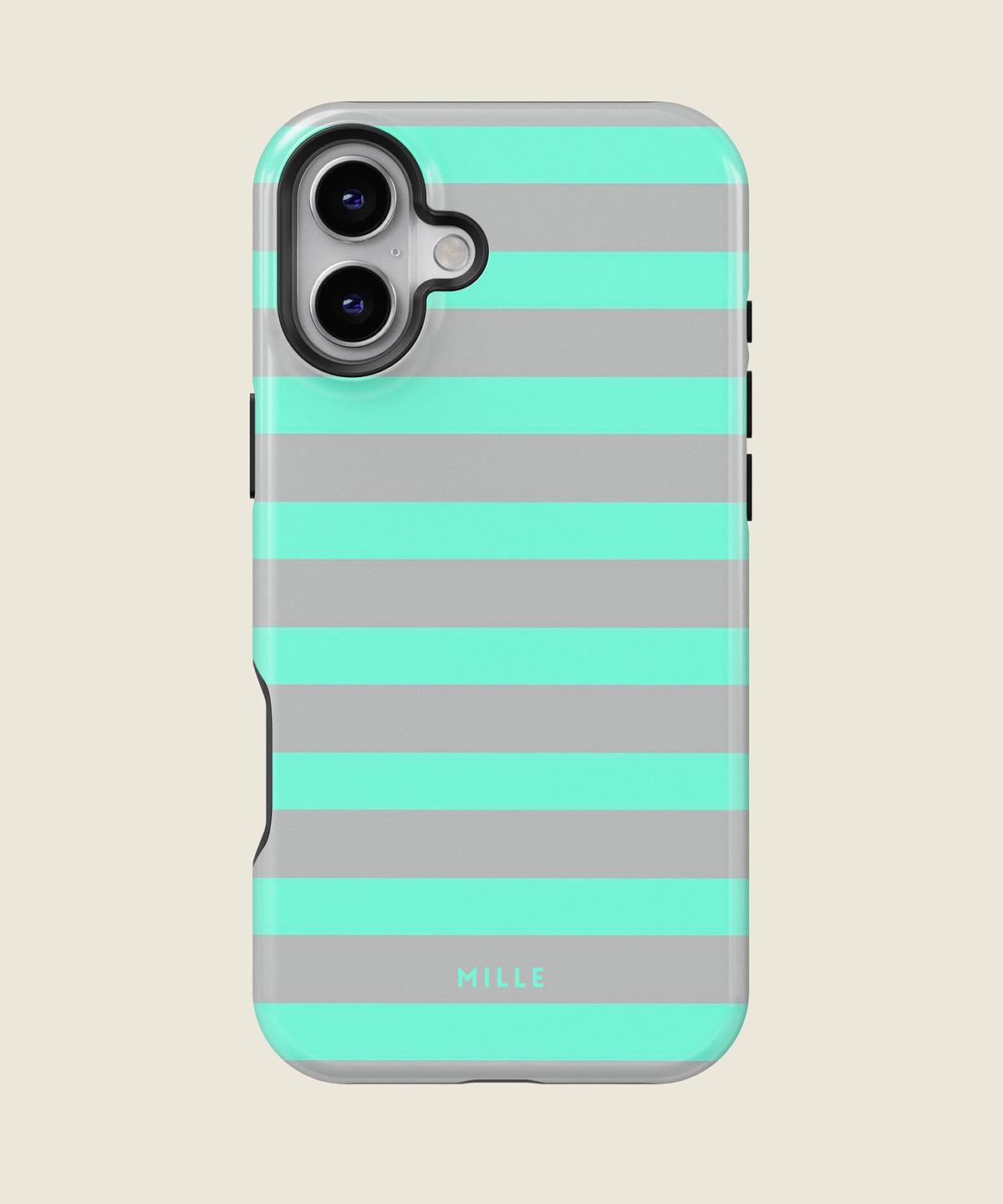 mint green and grey striped iPhone case, iPhone 16 Plus