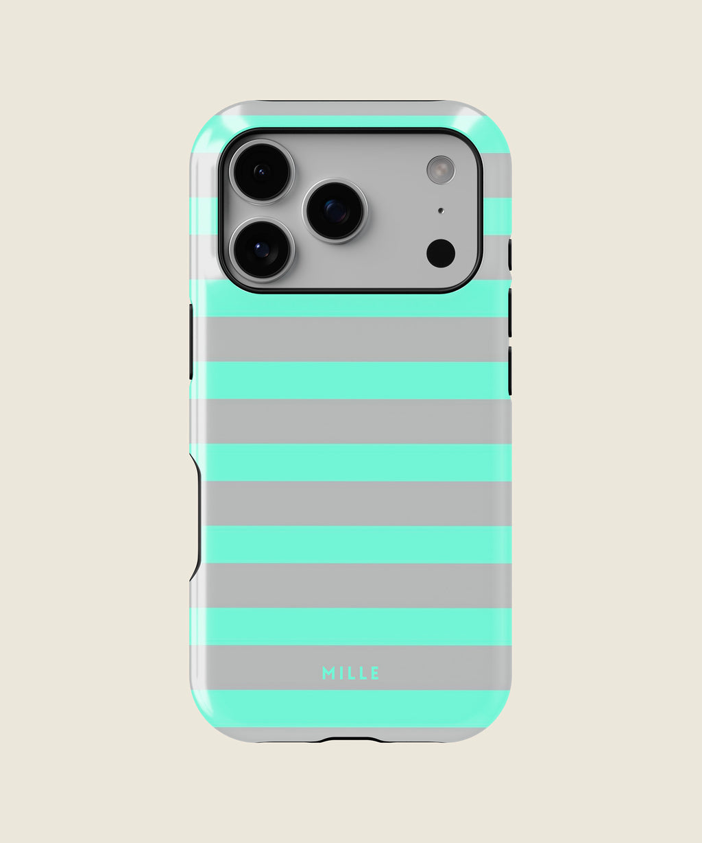 mint green and grey striped iPhone case, iPhone 17 Pro