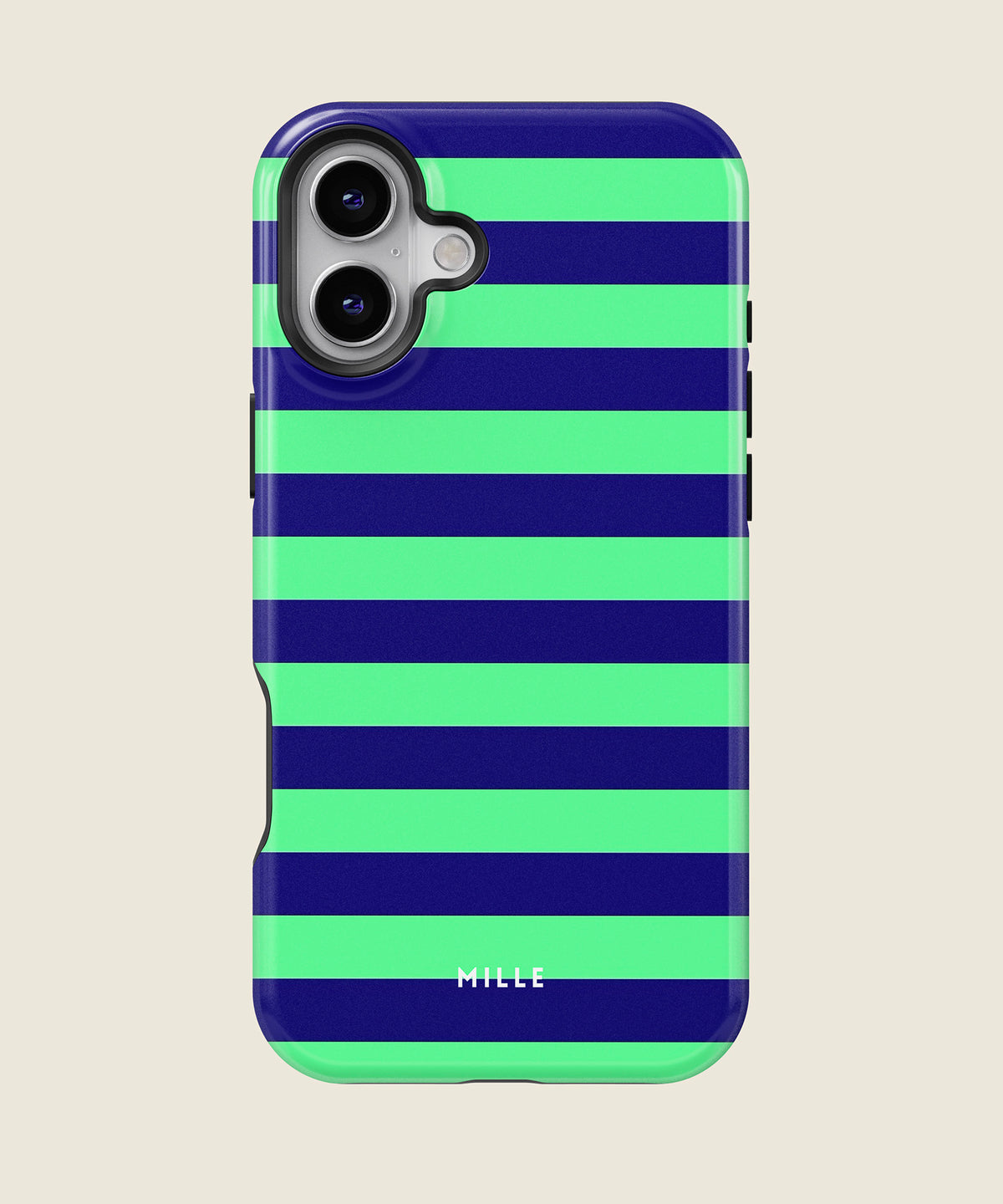 navy and neon green striped iPhone case, iPhone 16 Plus