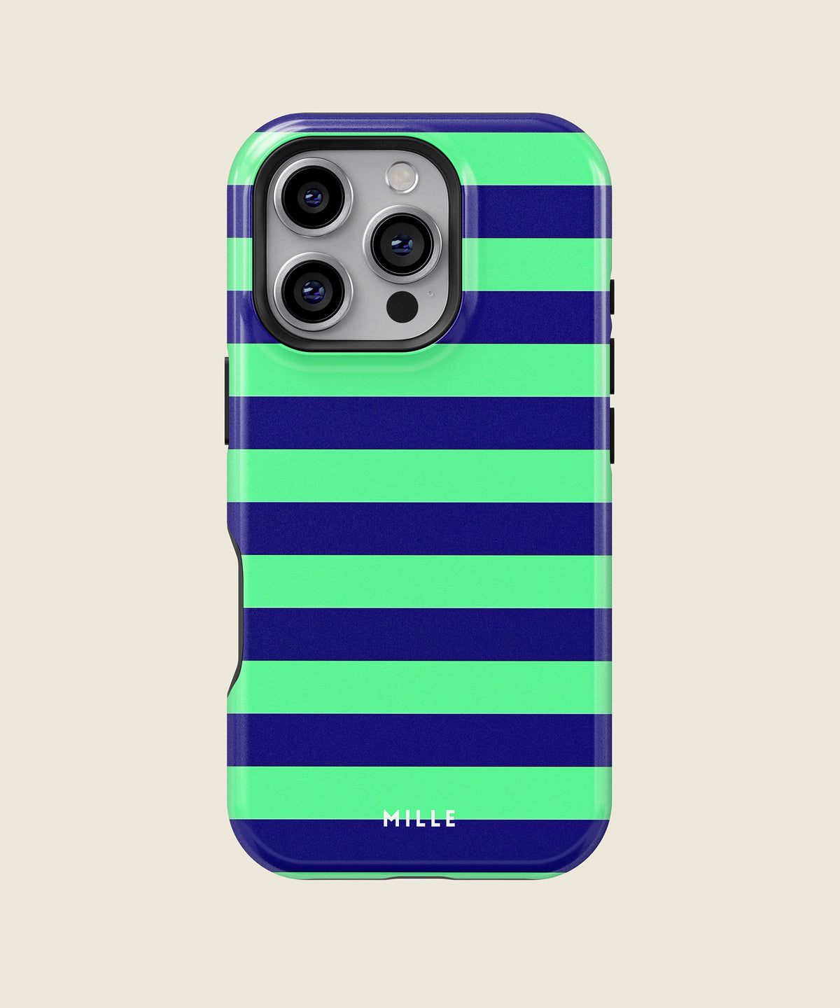 navy and neon green striped iPhone case, iPhone 16 Pro