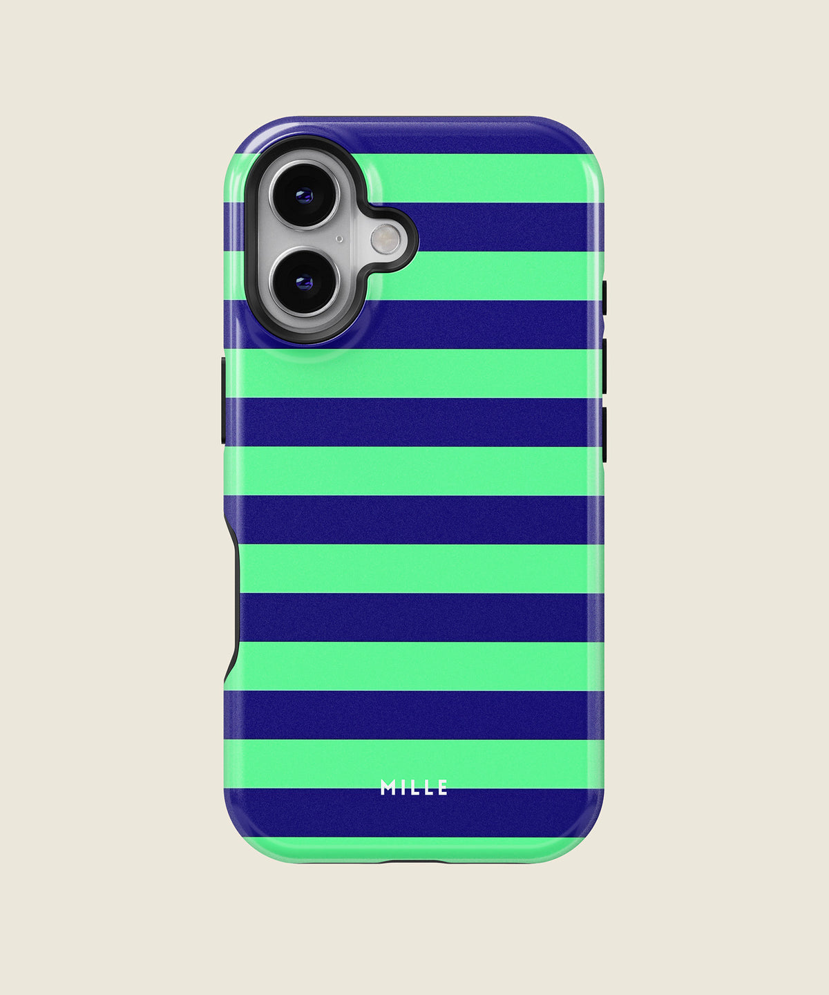 navy and neon green striped iPhone case, iPhone 16