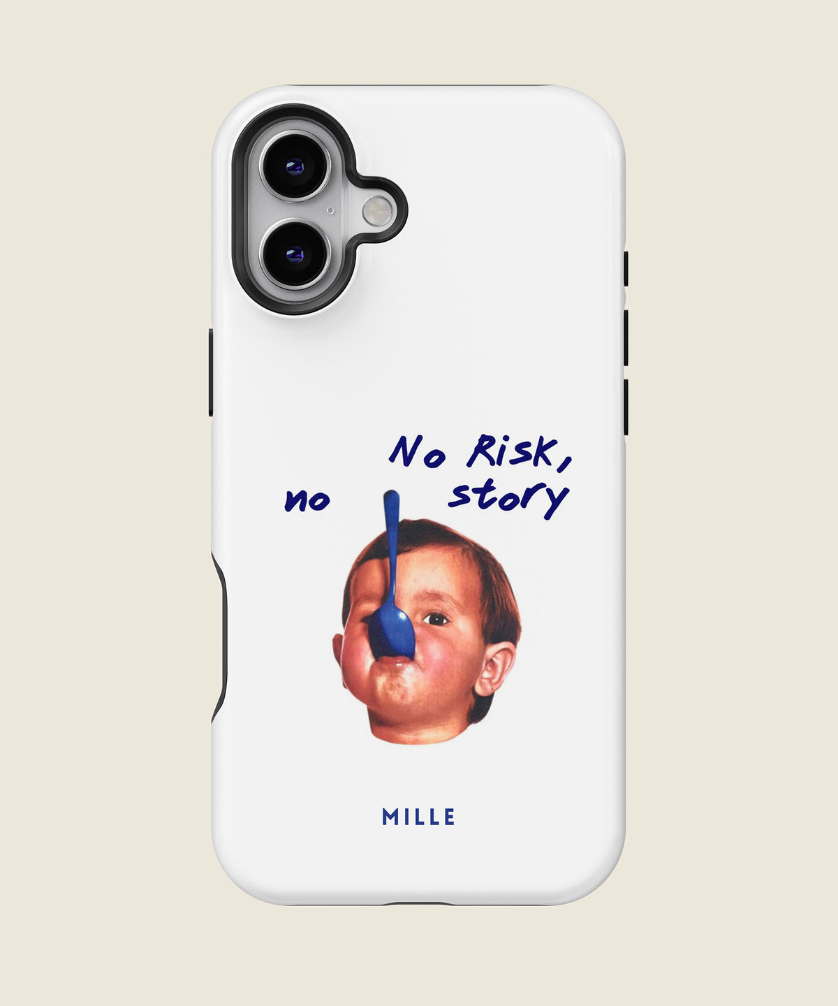 white No Risk No Story iPhone case, iPhone 16 Plus