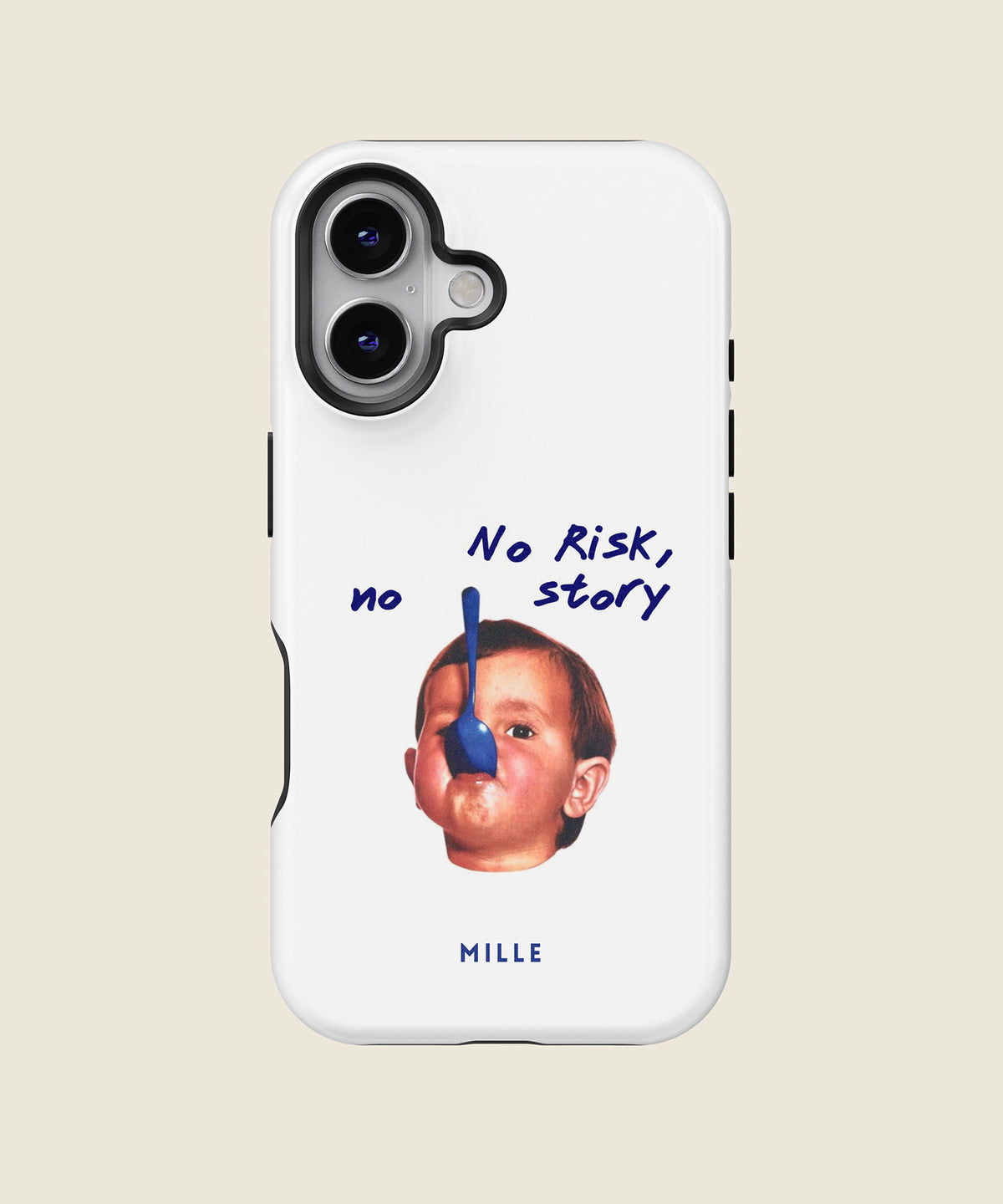 white No Risk No Story iPhone case, iPhone 16