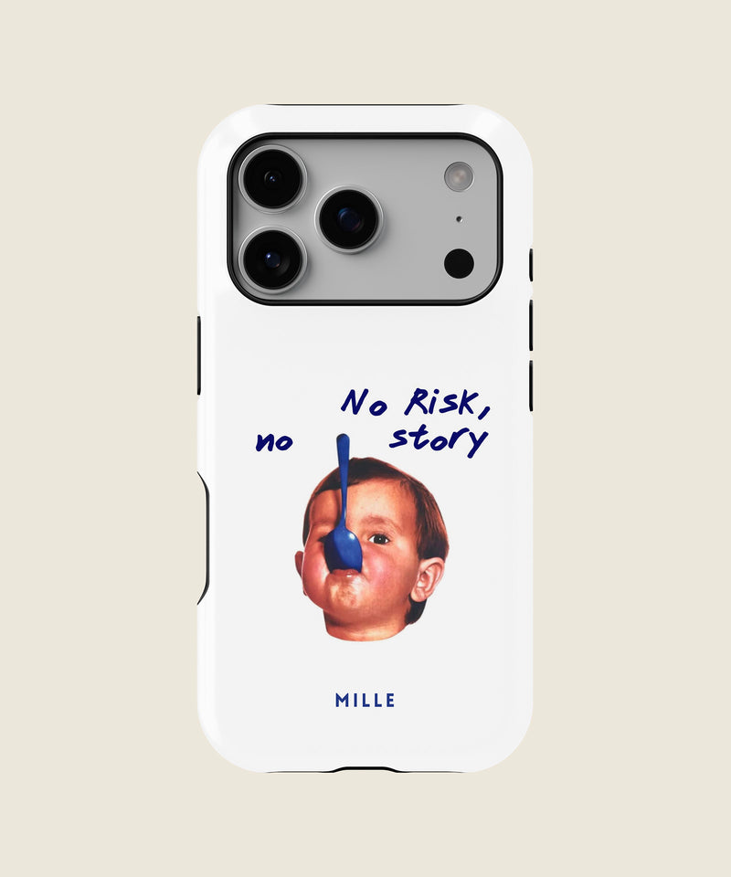 white No Risk No Story iPhone case, iPhone 17 Pro