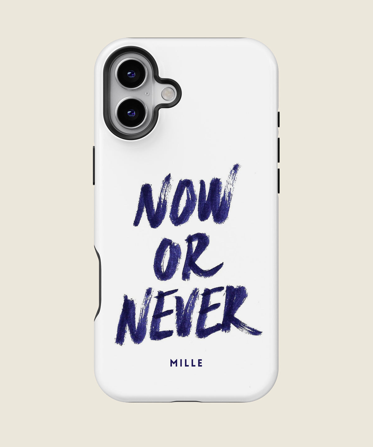 white Now or Never iPhone case, iPhone 16 Plus