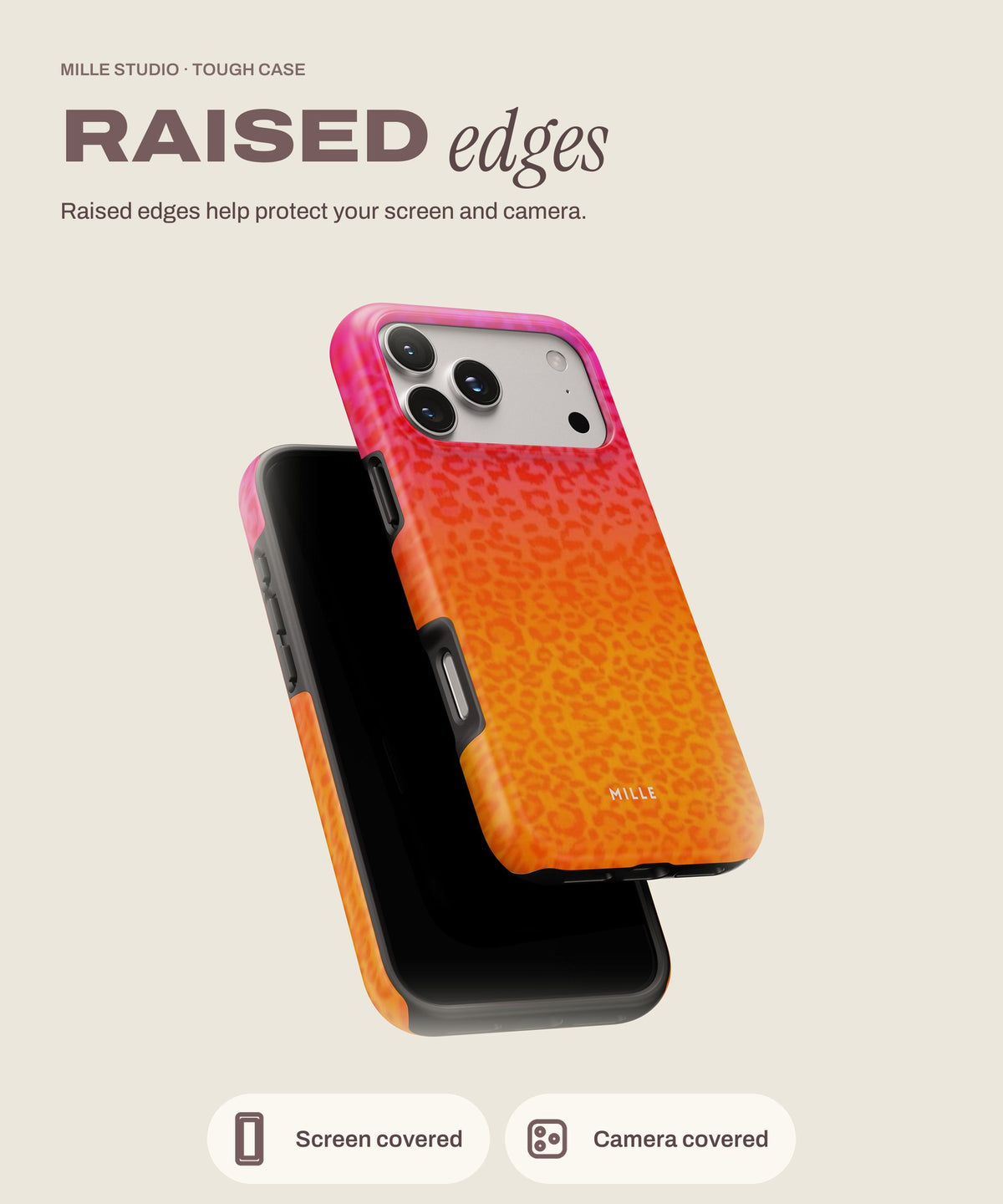 Orange Leopard tough iPhone case, raised edges for screen and camera