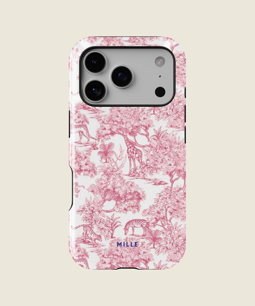 pink toile jungle iPhone case, iPhone 17 Pro