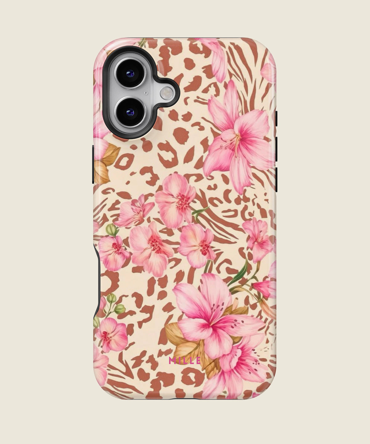 pink lily floral leopard iPhone case, iPhone 16 Plus