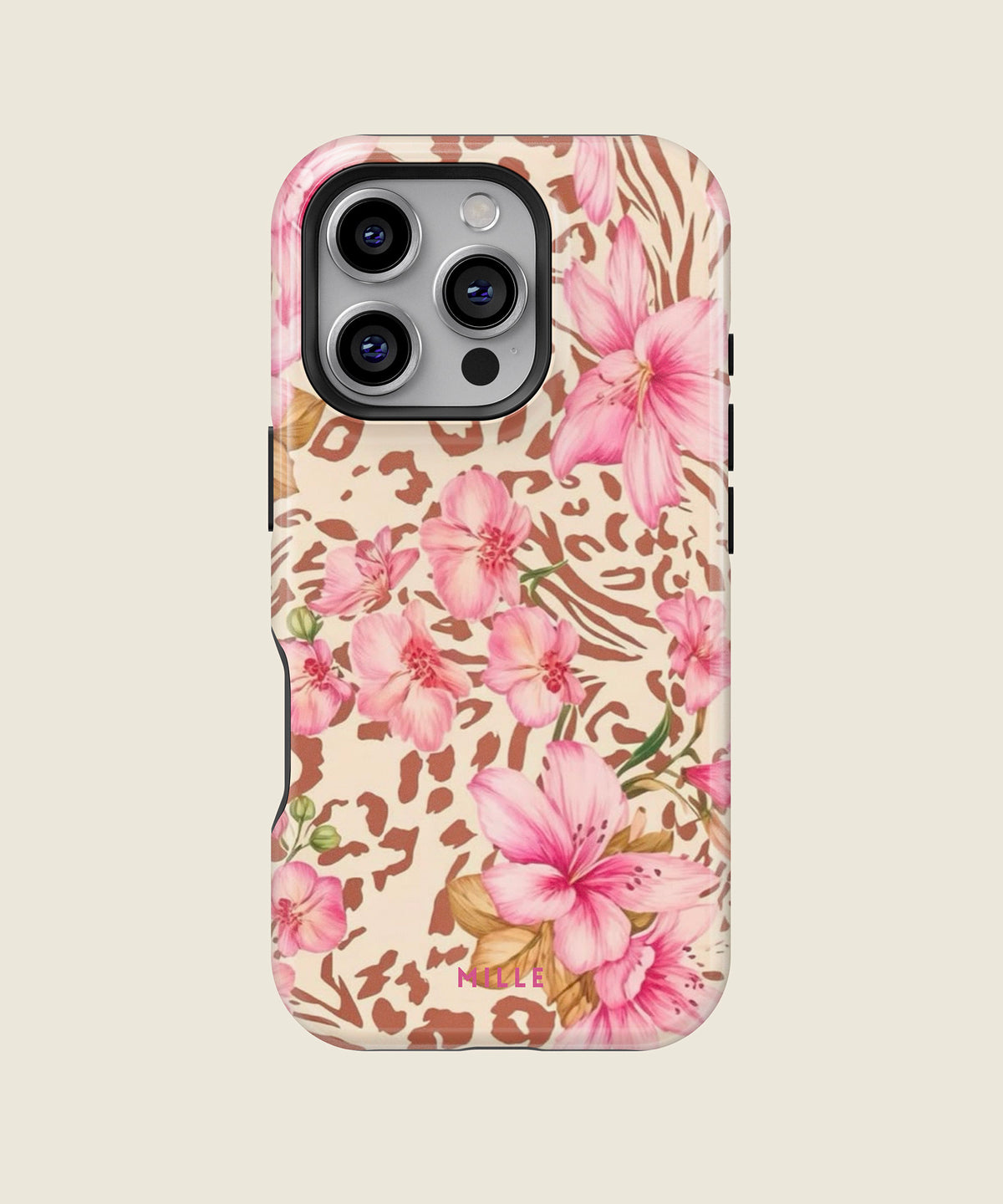 pink lily floral leopard iPhone case, iPhone 16 Pro