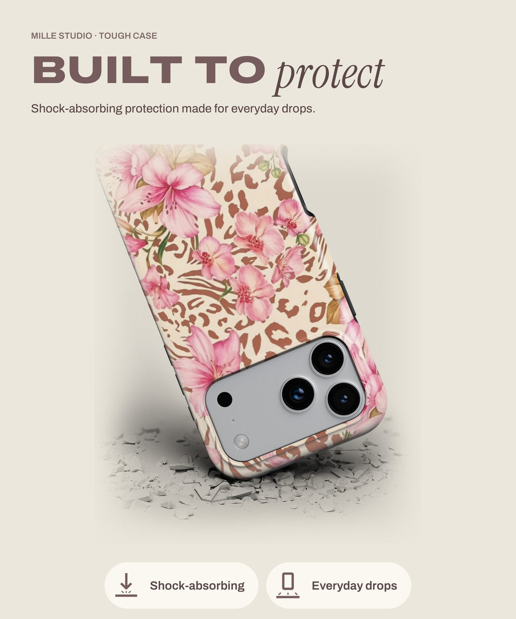 Pink Lys tough iPhone case, shock-absorbing protection