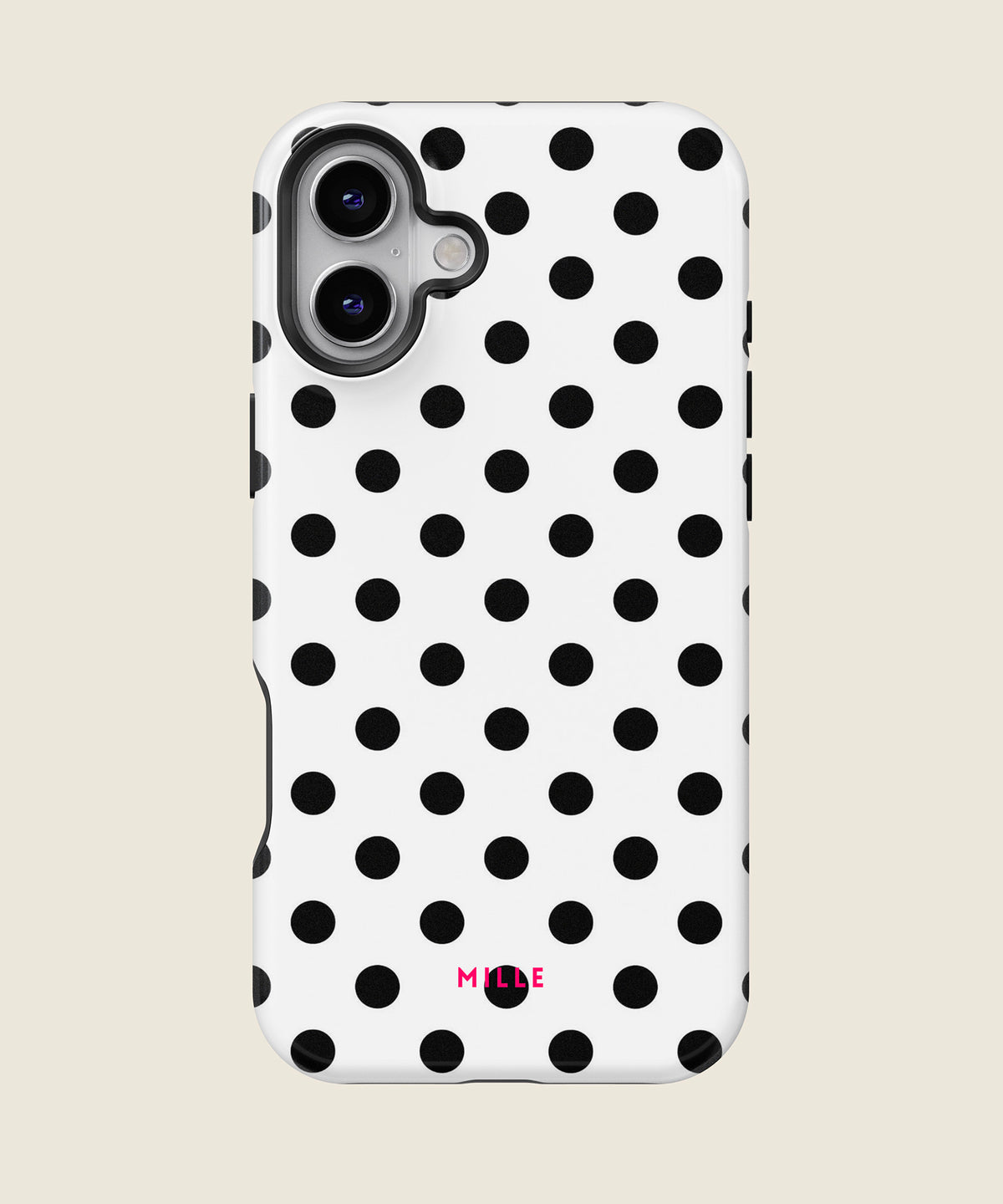 white and black polka dot iPhone case, iPhone 16 Plus