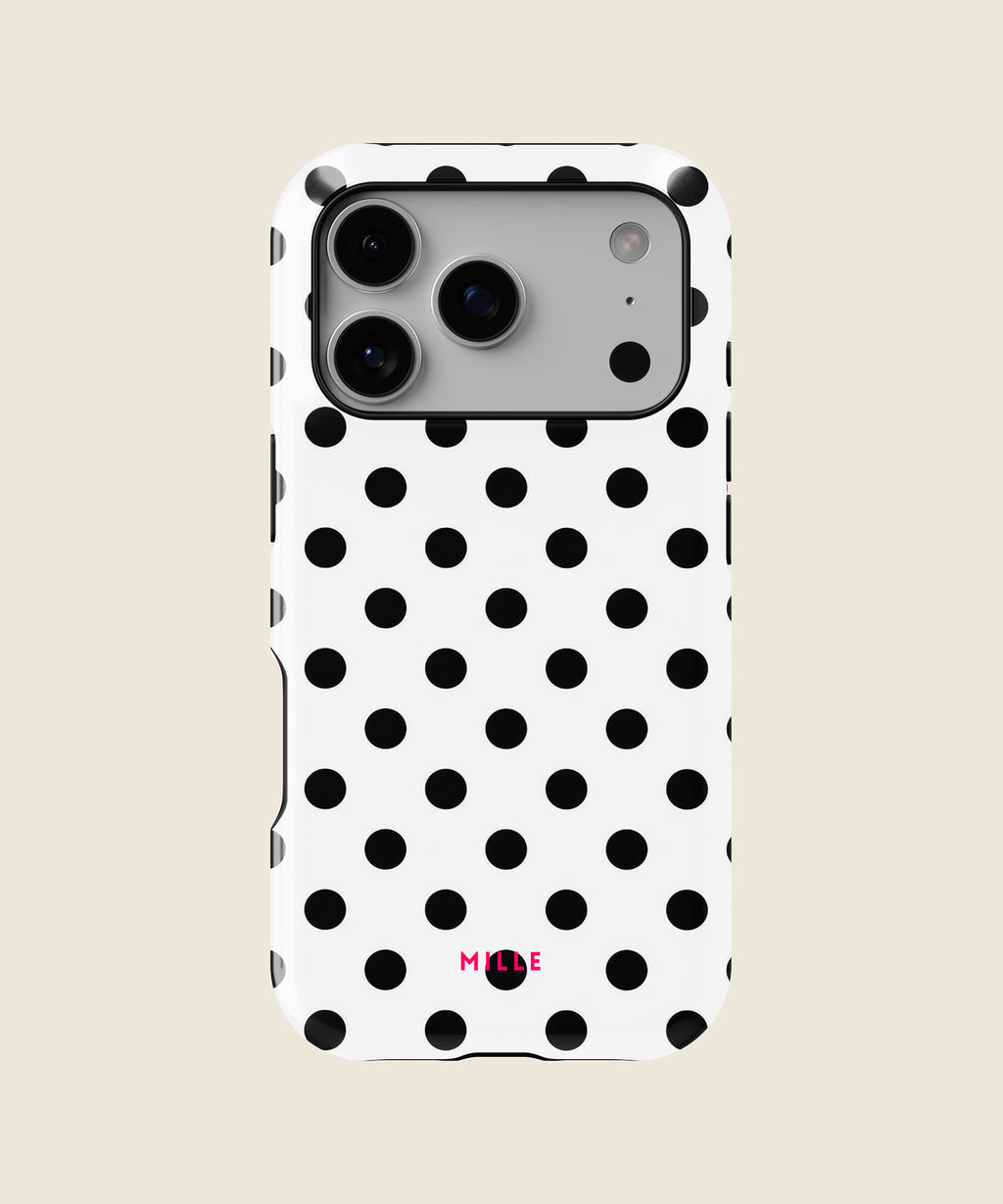 white and black polka dot iPhone case, iPhone 17 Pro
