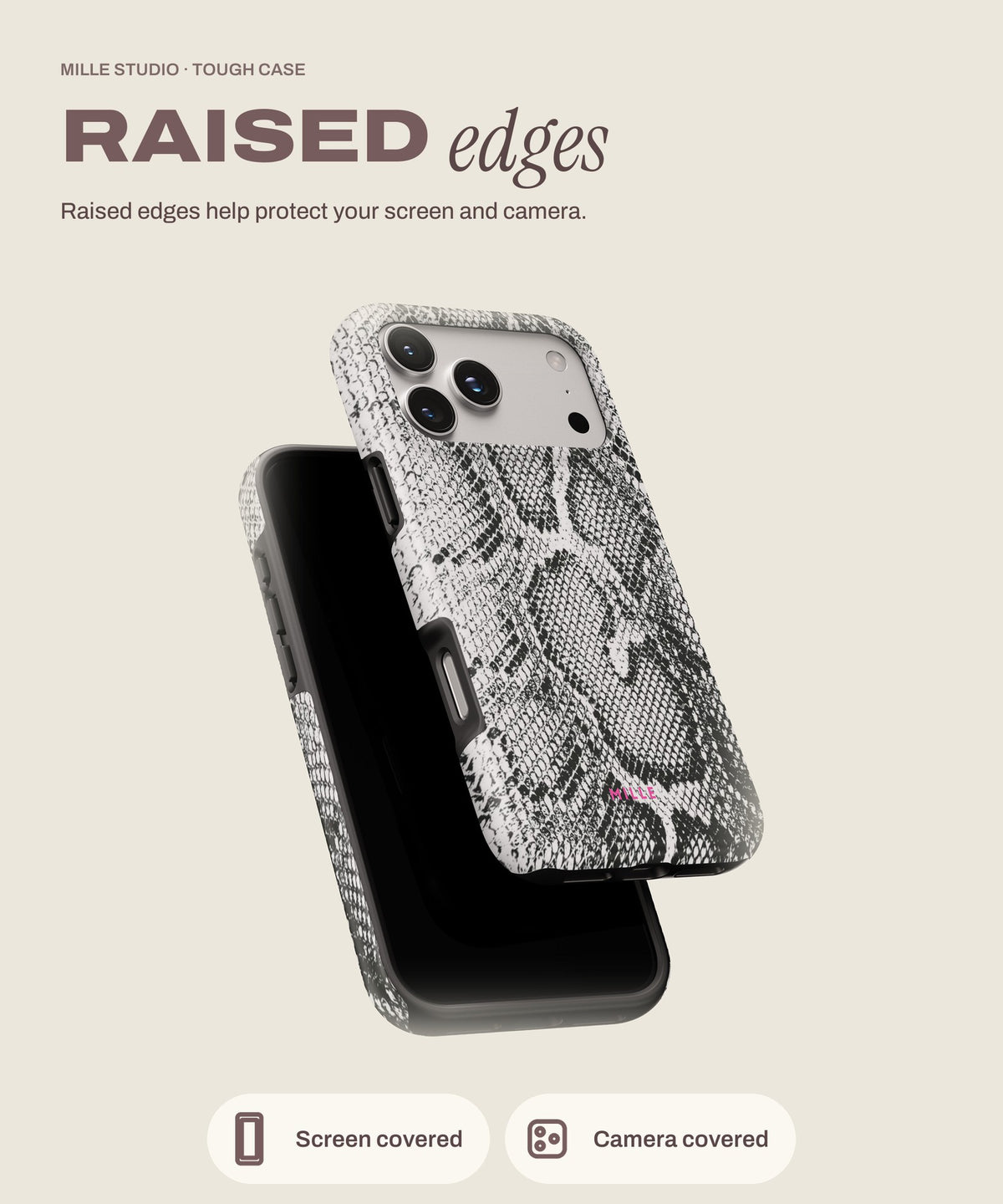 Snake tough iPhone case, raised edges for screen and camera