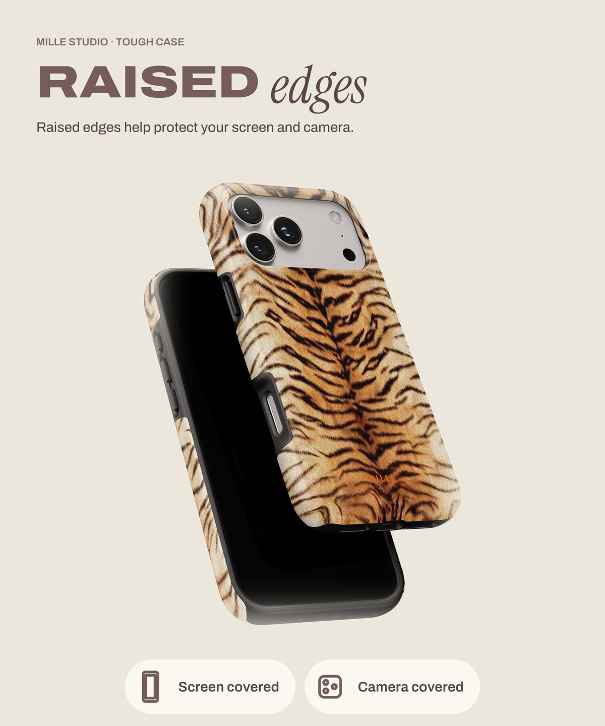 Tiger tough iPhone case, raised edges for screen and camera