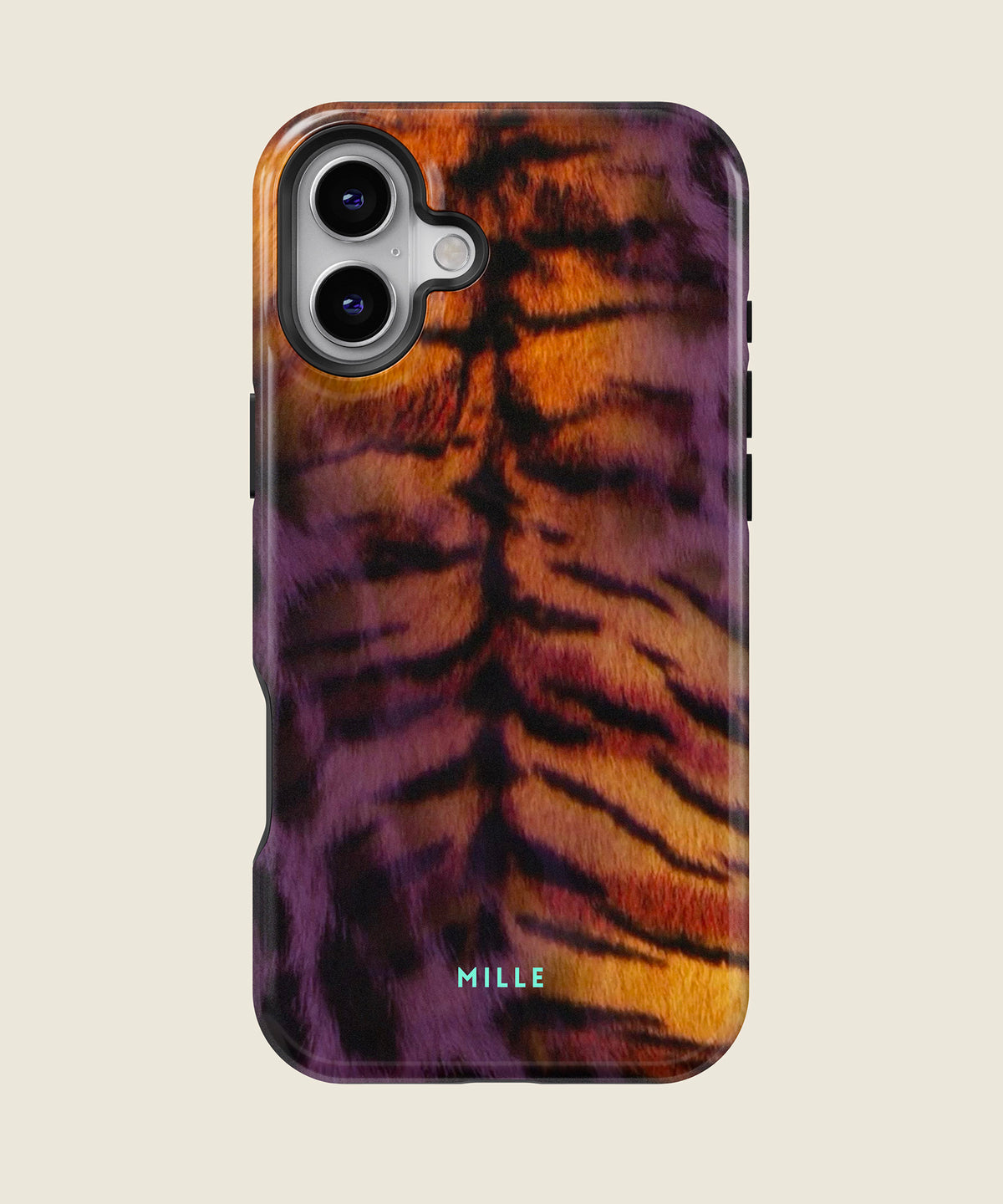 purple and orange tiger print iPhone case, iPhone 16 Plus