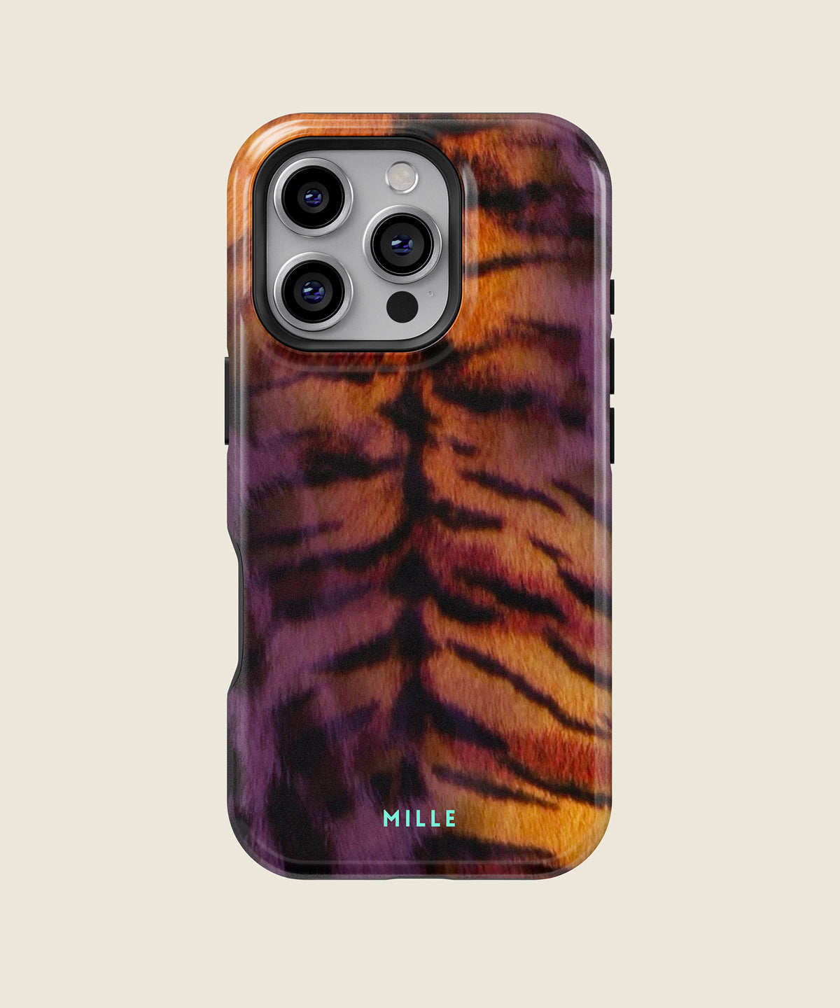 purple and orange tiger print iPhone case, iPhone 16 Pro