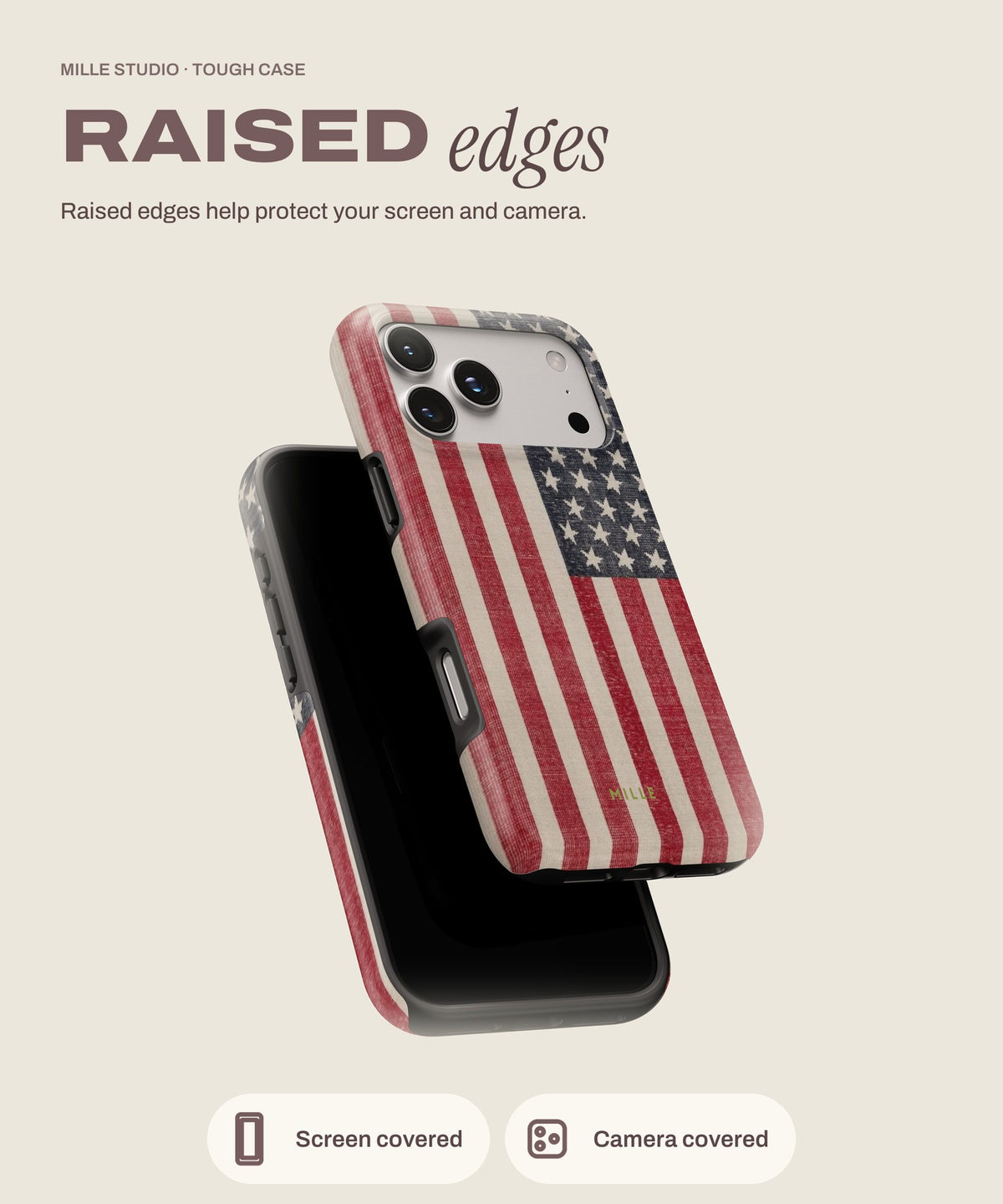USA tough iPhone case, raised edges for screen and camera
