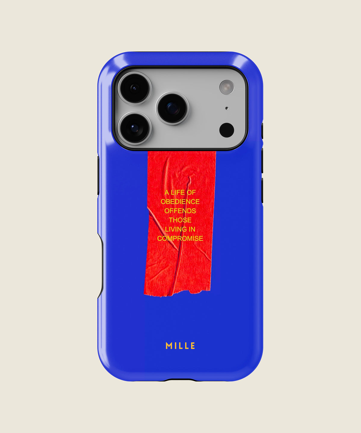cobalt blue red tape quote iPhone case, iPhone 17 Pro